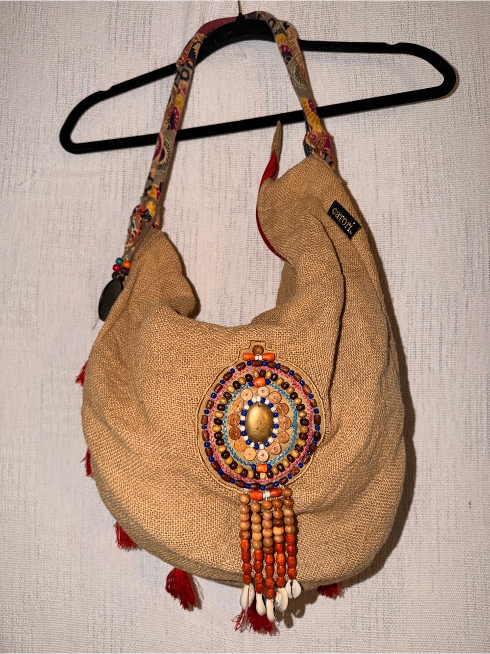 CATORI Boho Fringe Hobo Tan Burlap Beaded Festival purse.